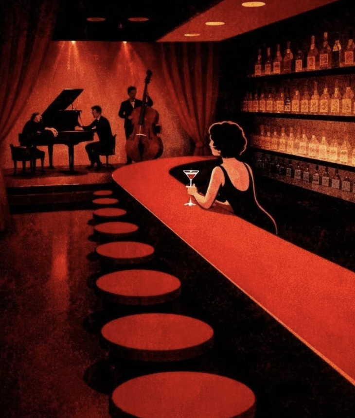 Illustrated red cocktail bar with piano trio