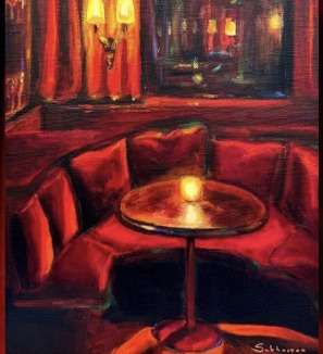 Painted red velvet lounge booth